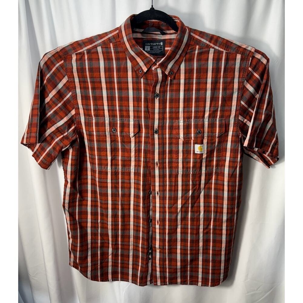 Carhartt Button Down Shirt Mens Large Red Plaid Loose Fit Short‎ Sleeve Workwear